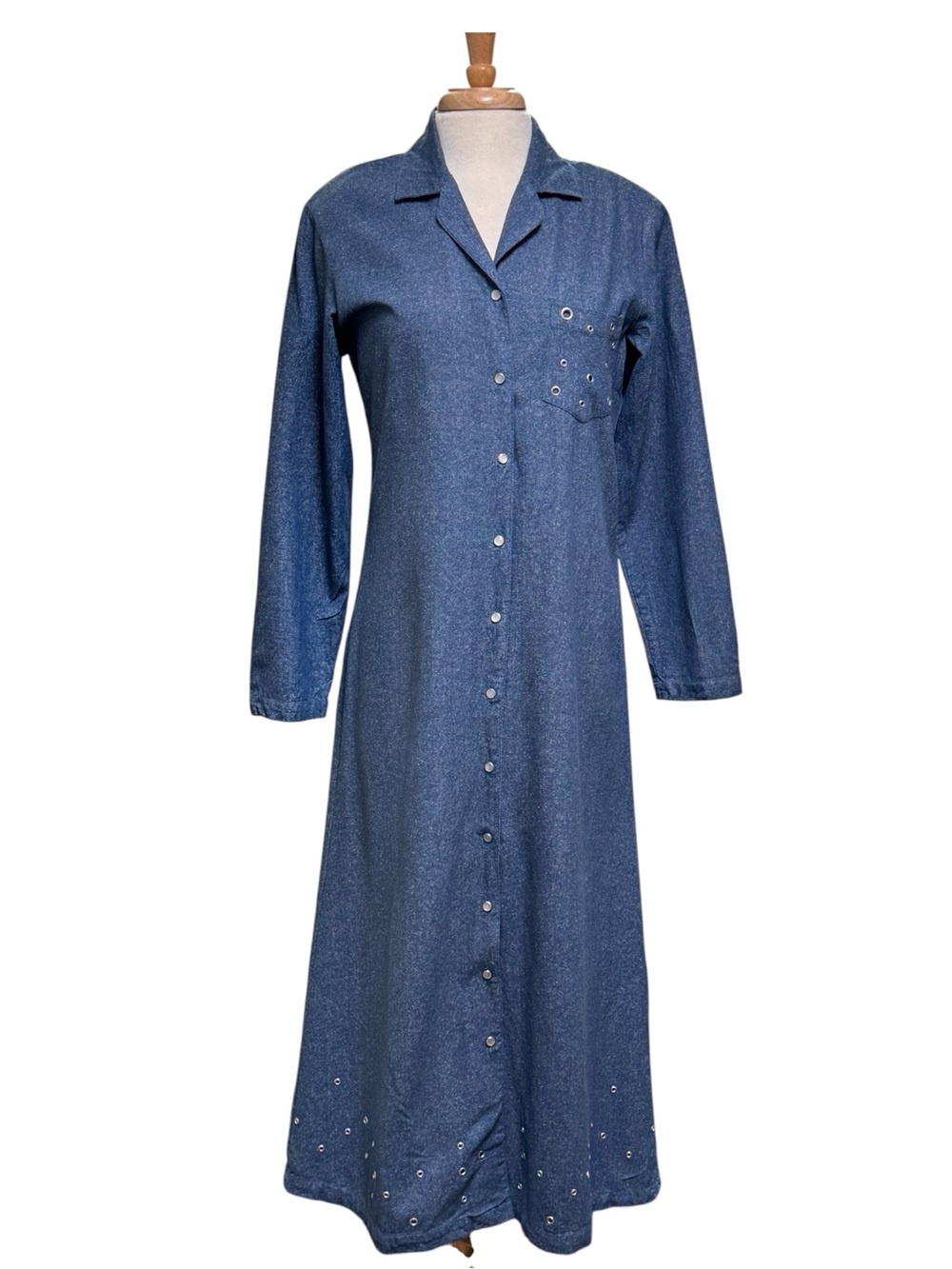 90s Cervelle Silk Denim look Maxi Shirtdress with Grommet Detail